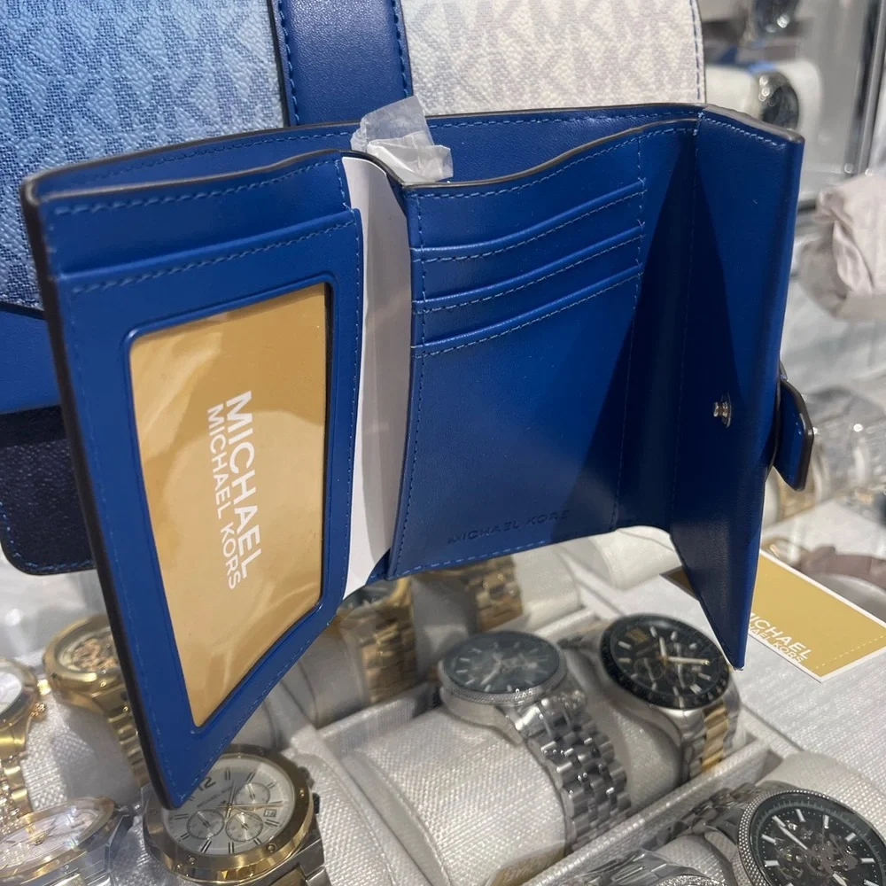 MICHAEL KORS Greenwich Medium Ombré Signature Logo Tri-Fold Wallet Galaxy Blue